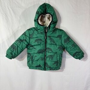 Osh Kosh‎ Bgosh Jacket Baby 12M Green Dinosaur Sherpa Lined Puffer Hooded
